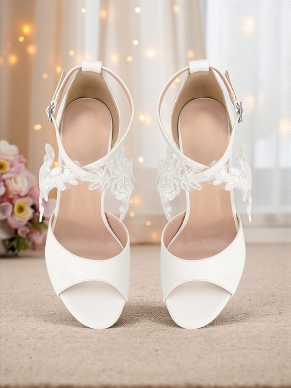 White Women's Lace Strap Block with - Ankle Heel Sandals - Image 5