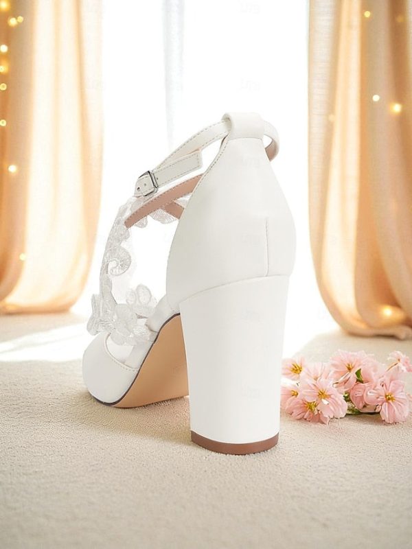 White Women's Lace Strap Block with - Ankle Heel Sandals - Image 6