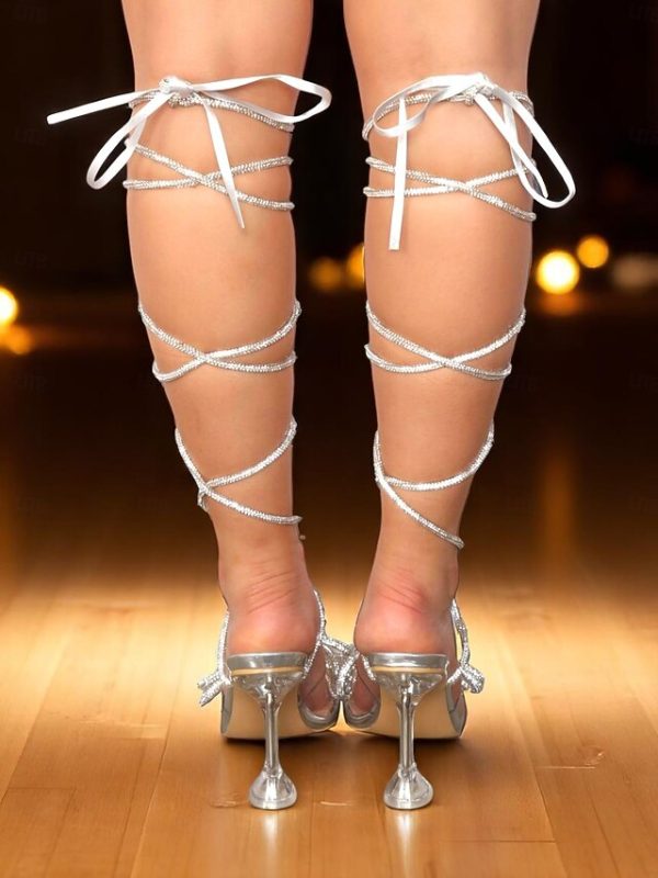 Bow and Sandals with Heeled Crystal Glitter Silver Women's - Image 6
