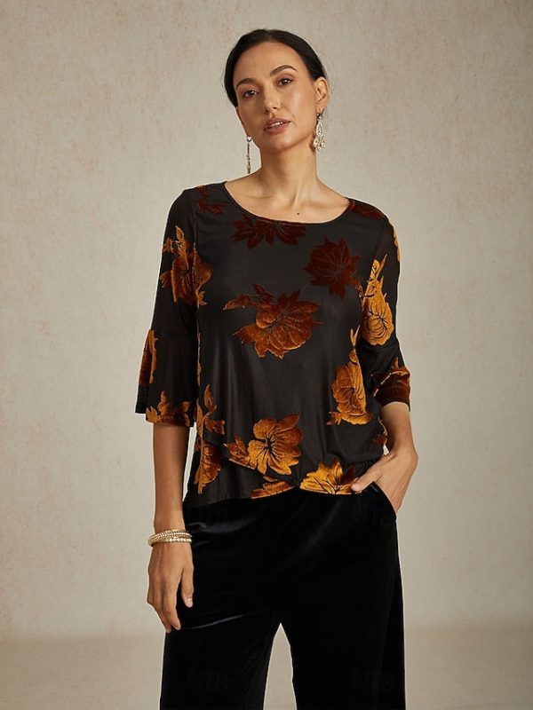 Women's Blouse Dressy Tops Velvet Floral Elegant Stylish