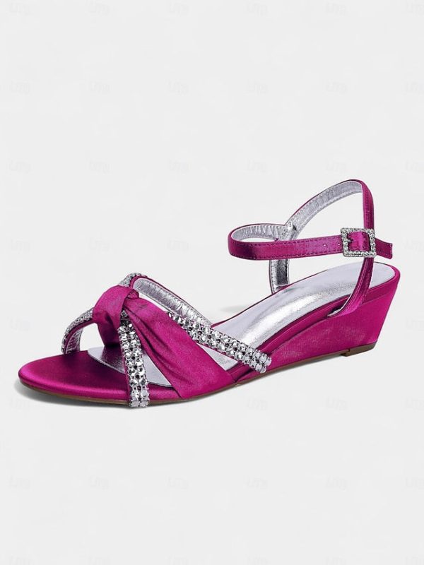 Satin Wedge Women's Sandals Knot Rhinestone Green