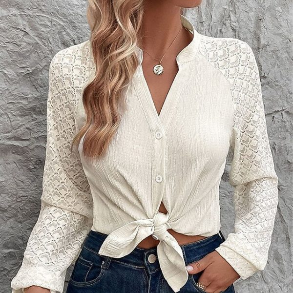 Women's Casual Shirt Button Up Shirt Blouse Tie Front Lace - Image 3