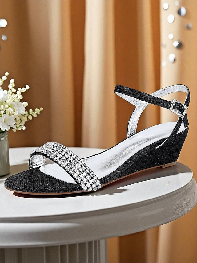 Rhinestone Sandals Toe Open Champagne Wedge Women