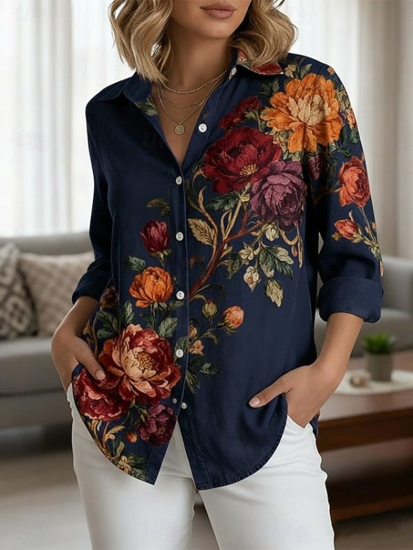 Women's Shirt Buttons Print Floral Elegant Stylish Casual - Image 4