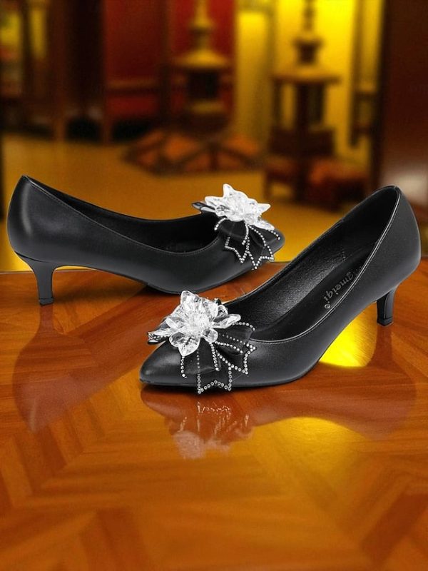 Crystal Shoes Women's Bow Low White Heel with Wedding - Image 12