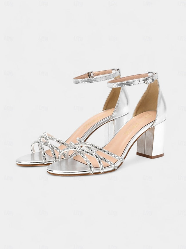 Rhinestone Silver Metallic Block Heel Sandals with Strappy - Image 4