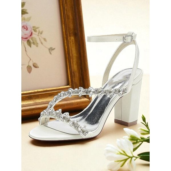 Rhinestone Women's Straps Block Heel - White Sandals with - Image 10