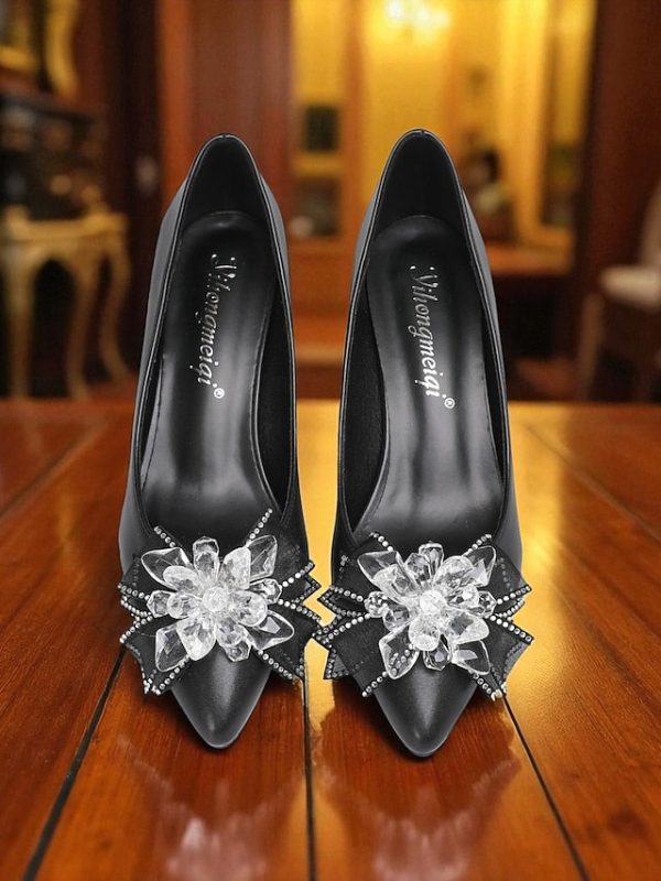 Crystal Shoes Women's Bow Low White Heel with Wedding - Image 10
