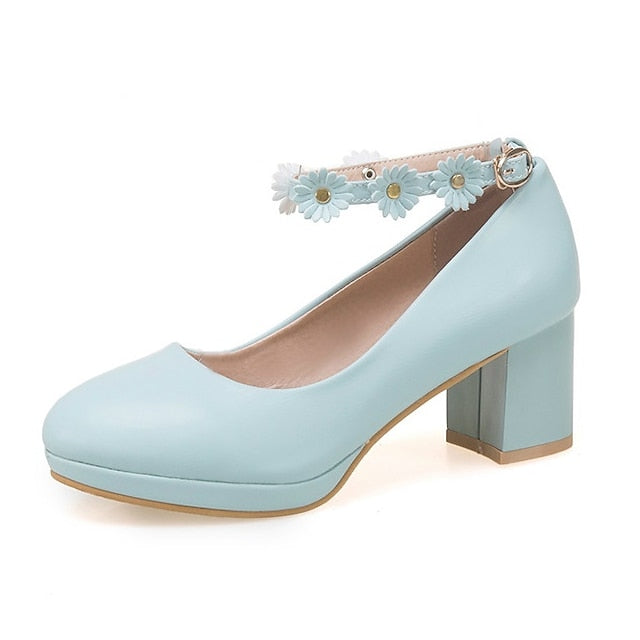 with Ankle Shoes Block White Daisy Flower Heel Girls