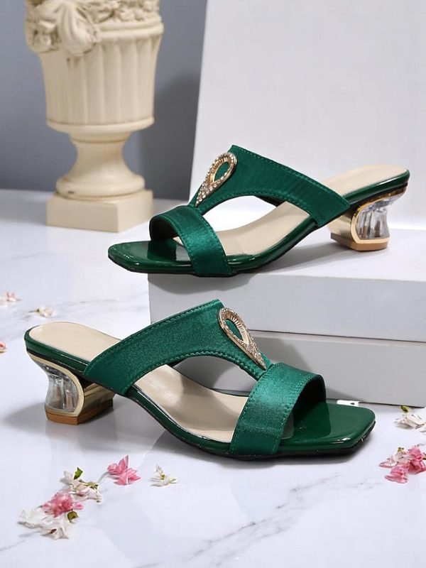 Women's Slide Green Satin Sandals with Rhinestone - Image 7
