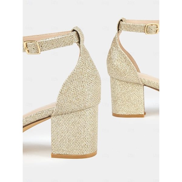 Gold Ankle Heel Sandals with Women's Block Stylish Glitter - Image 6