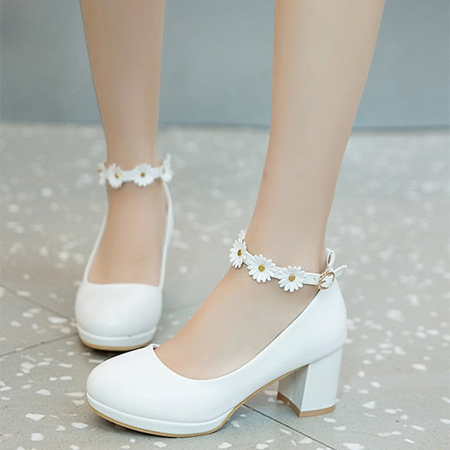 with Ankle Shoes Block White Daisy Flower Heel Girls