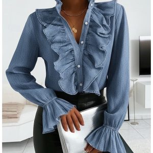 Shirt Blouse Women's White Pink Blue Plain Ruffle Button