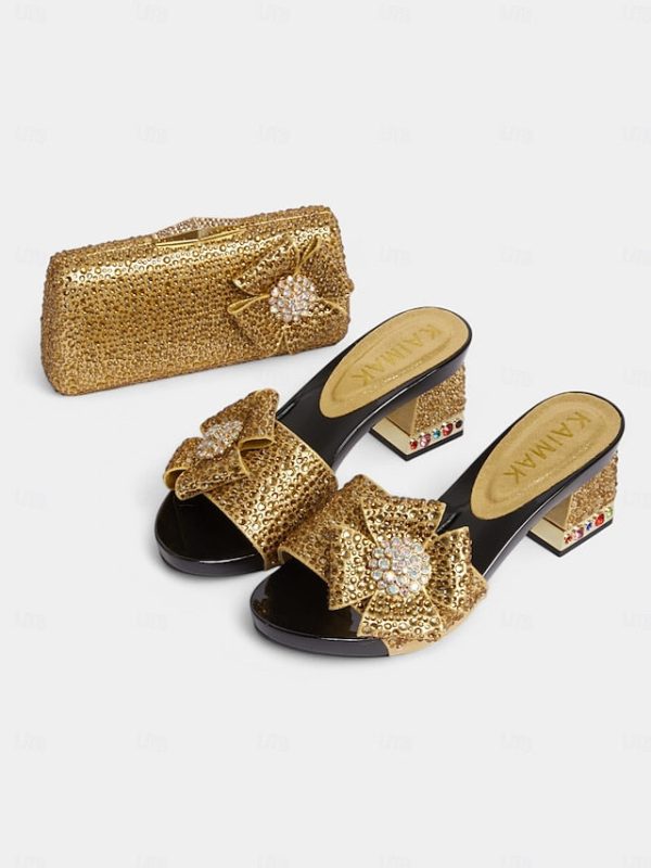 Rhinestone Sparkling High Matching Bow Sandals Clutch with Heel - Image 6