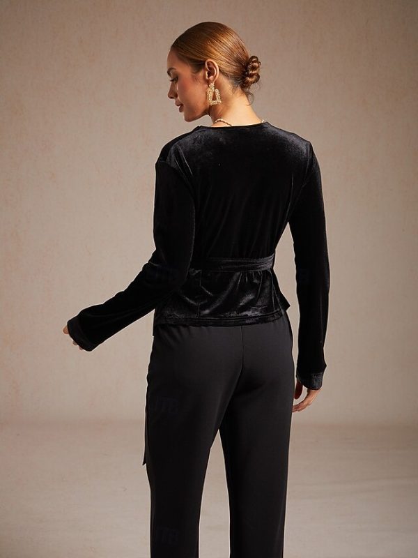 Women's Velvet Wrap Tops Dressy Tops Tie Front Solid Color - Image 2