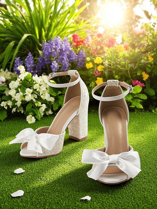 Heel Sandals with Ankle Glitter Block Wedding White Women