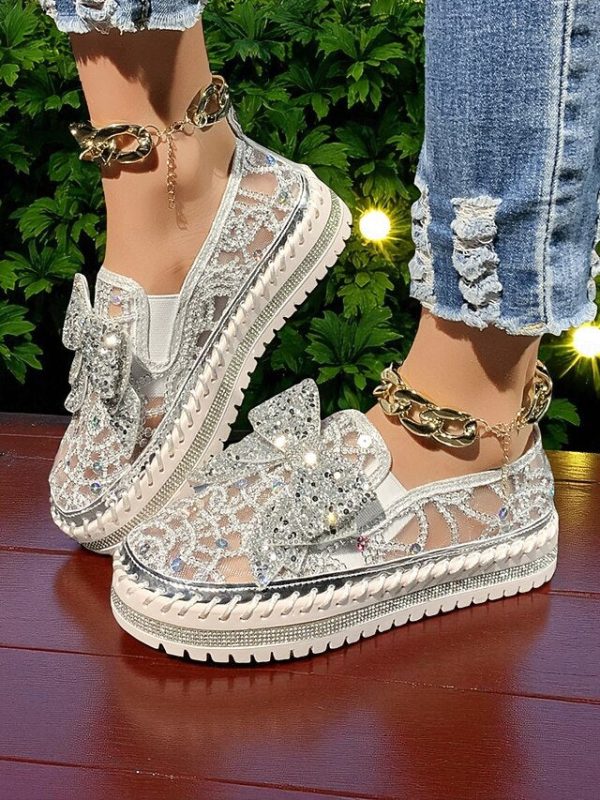 Women's Shoes Rhinestone Black with Lace Bow Slip-On - Image 5