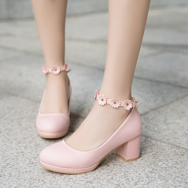 with Ankle Shoes Block White Daisy Flower Heel Girls