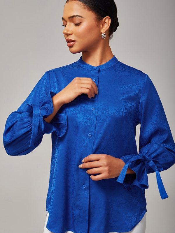 Women's Royal Blue Satin Shirt Subtle Jacquard Lustrous - Image 5