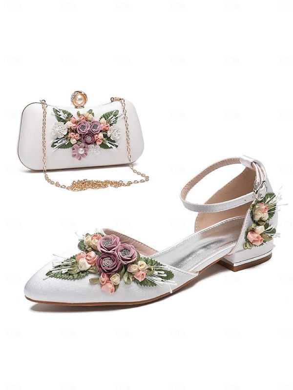 White Clutch Embroidered with Floral Matching Shoes Flat