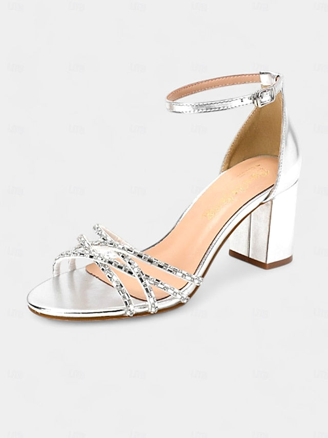 Rhinestone Silver Metallic Block Heel Sandals with Strappy - Image 2