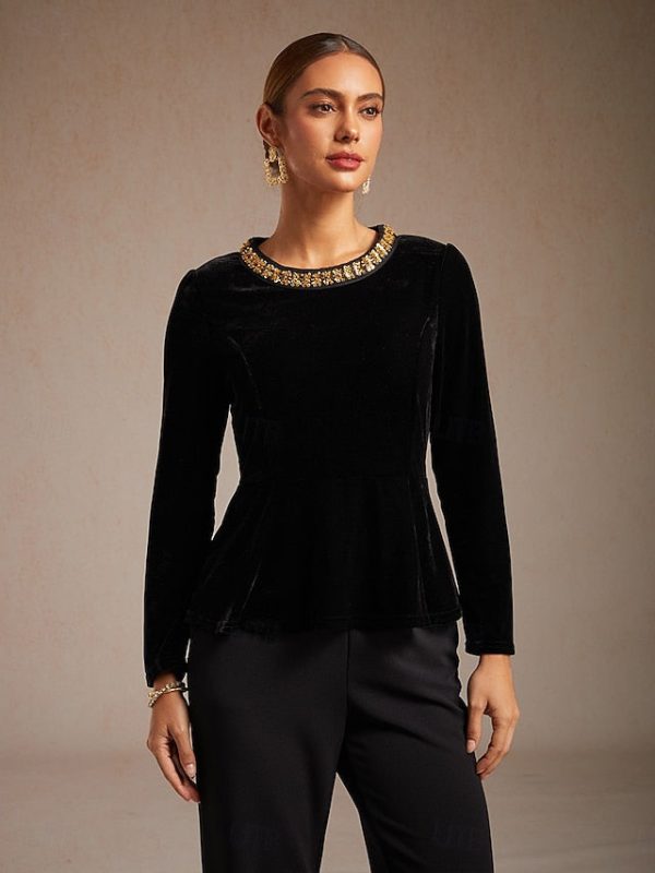 Women's Velvet Blouse Beaded Elegant Crew Neck Regular Tops - Image 7