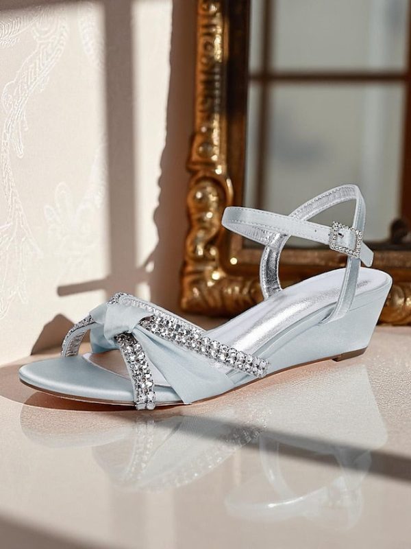 Satin Wedge Women's Sandals Knot Rhinestone Green - Image 4