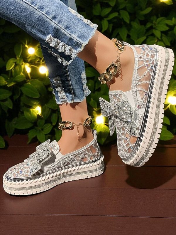 Women's Shoes Rhinestone Black with Lace Bow Slip-On - Image 6