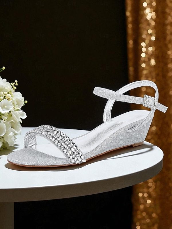 Rhinestone Sandals Toe Open Champagne Wedge Women's - - Image 3