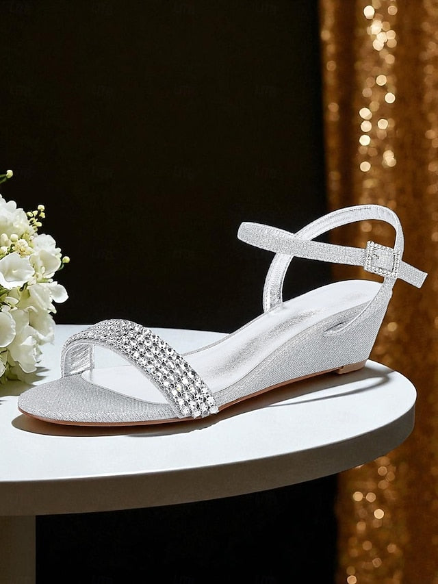 Rhinestone Sandals Toe Open Champagne Wedge Women