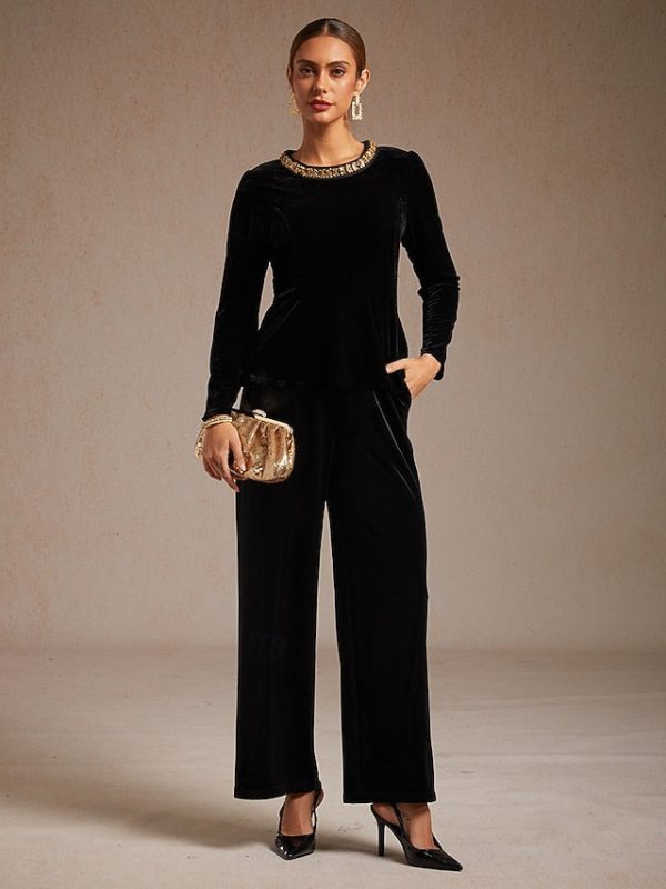 Women's Velvet Blouse Beaded Elegant Crew Neck Regular Tops - Image 14