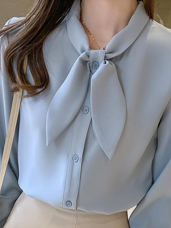 Women's Shirt Elegant Satin Top Blouse Bow Plain Stylish - Image 8